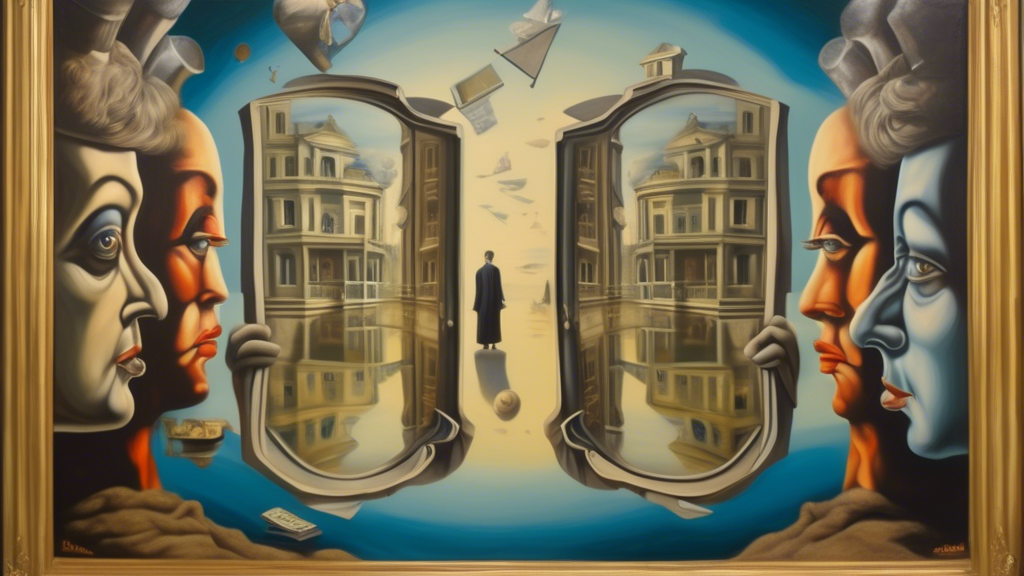 A surrealist painting representing the reflection of society's flaws and strengths in literature, acting as a mirror of the era. The painting should convey