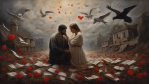 A touching and evocative painting depicting the quintessential themes of love and sacrifice in literature. A beautiful and sorrowful scene with deep symbol